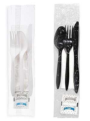 Indywidualnie owinięte plastikowe sztućce z serwetką + pakiety z solą i pieprzem w kolorze białym (liczba 250) 0