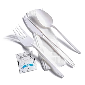 Indywidualnie owinięte plastikowe sztućce z serwetką + pakiety z solą i pieprzem w kolorze białym (liczba 250) 4