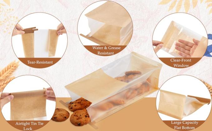 Bakery Bags with Window Tin Tie Tab Lock Brown Window Treat Bags for Cookies