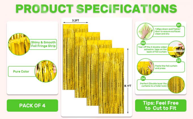 4-Pack Backdrop Party Decorations Foil Fringe Backdrop Curtains Tinsel Streamers Birthday Party Gold