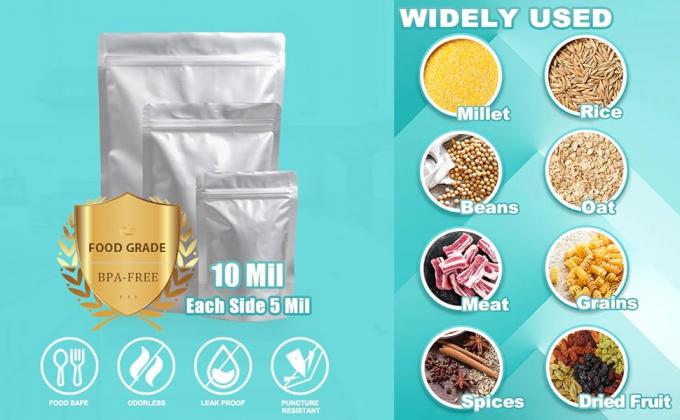 Worki Mylar do przechowywania żywności z absorbentami tlenu i etykietami, grubość 10 mil 3 rozmiary (1 galon, 1 kwart, 1/2 litra) 0