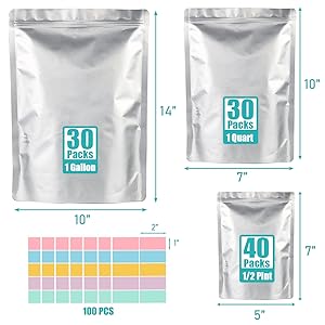 Worki Mylar do przechowywania żywności z absorbentami tlenu i etykietami, grubość 10 mil 3 rozmiary (1 galon, 1 kwart, 1/2 litra) 2