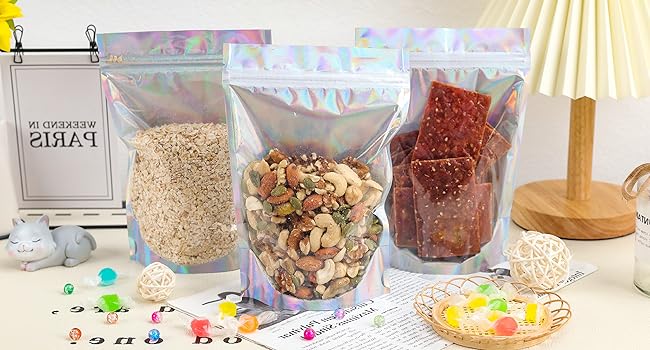 Holograficzne worki Mylar, które można ponownie zamknąć, worki Mylar, które można ponownie zamknąć, worki opakowaniowe do przechowywania żywności, które można ponownie wykorzystać, zrównoważone, poddane recyklingowi 1