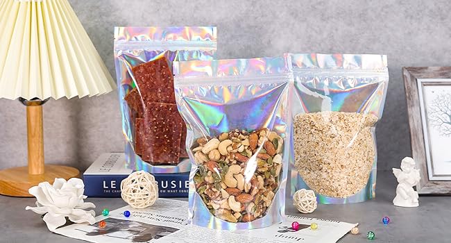 Holograficzne worki Mylar, które można ponownie zamknąć, worki Mylar, które można ponownie zamknąć, worki opakowaniowe do przechowywania żywności, które można ponownie wykorzystać, zrównoważone, poddane recyklingowi 0