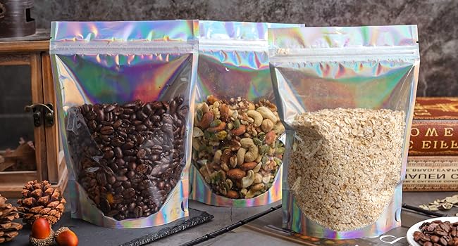 Holograficzne worki Mylar, które można ponownie zamknąć, worki Mylar, które można ponownie zamknąć, worki opakowaniowe do przechowywania żywności, które można ponownie wykorzystać, zrównoważone, poddane recyklingowi 2