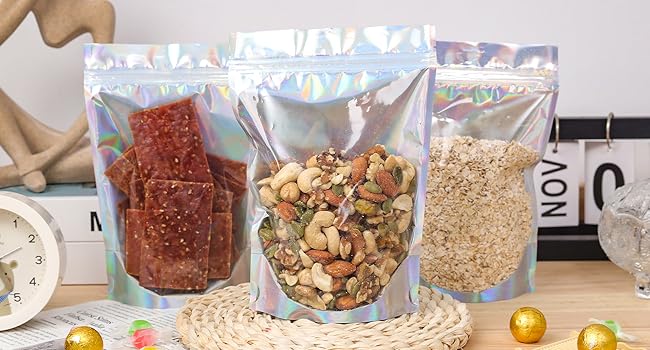 Holograficzne worki Mylar, które można ponownie zamknąć, worki Mylar, które można ponownie zamknąć, worki opakowaniowe do przechowywania żywności, które można ponownie wykorzystać, zrównoważone, poddane recyklingowi 3