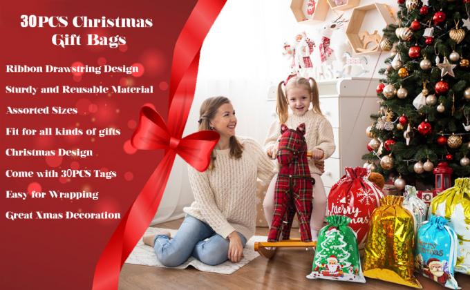 30PCS Christmas Drawstring Gift Bags with Tags