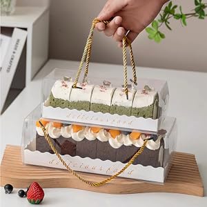 Clear Roll Cake Boxes With Gold Rope Handle & Cake Boards, Homemade & Bakery Transparent Plastic Gift Boxes，Easy Carrying, Storage Containers For Slice Cake, Christmas Rectangular Transparent Cake Box 8
